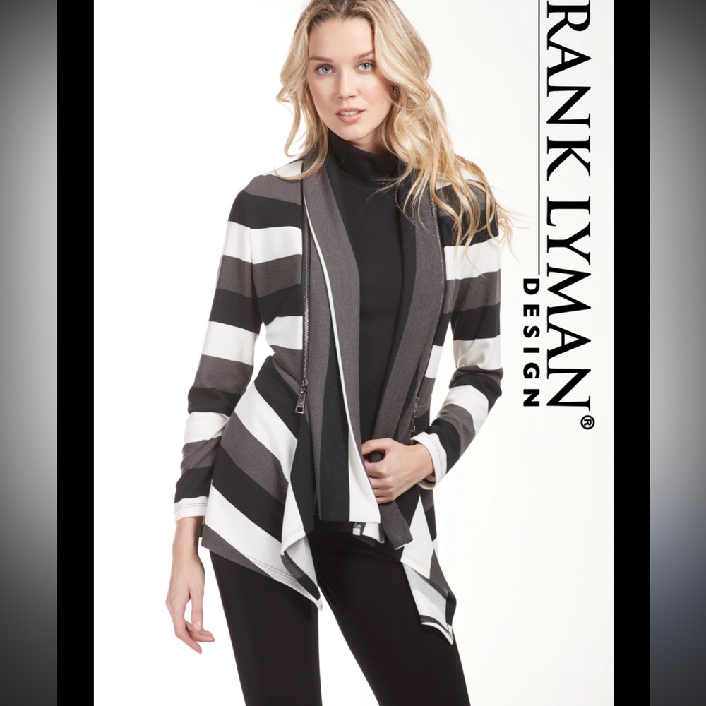 Frank Lyman Design Black White Striped Open Front Cardigan Sweater Duster